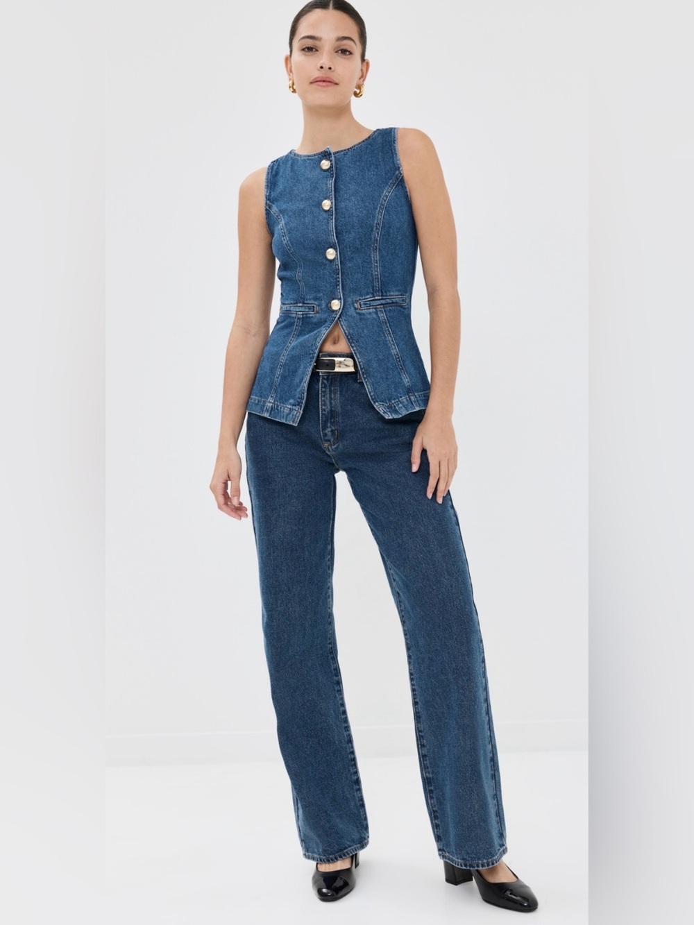 Reformation Dark Blue Denim Button-Front Jeans Ophelia denim Top NWT - Picture 8 of 12